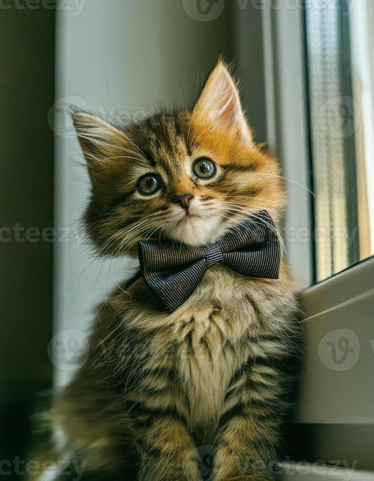 A fluffy kitten wearing a bowtie photo