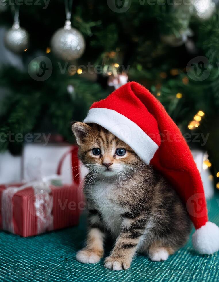 A kitten wearing a Santa hat sits in front of a Christmas tree photo