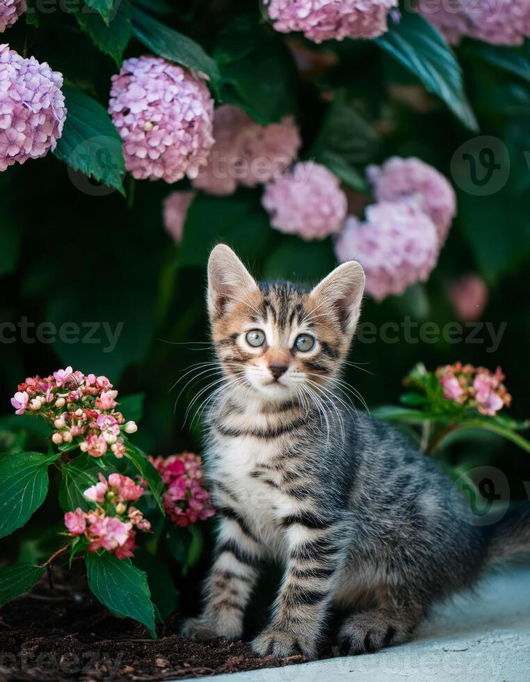 A tabby kitten sits in front of a bed of pink flowers photo