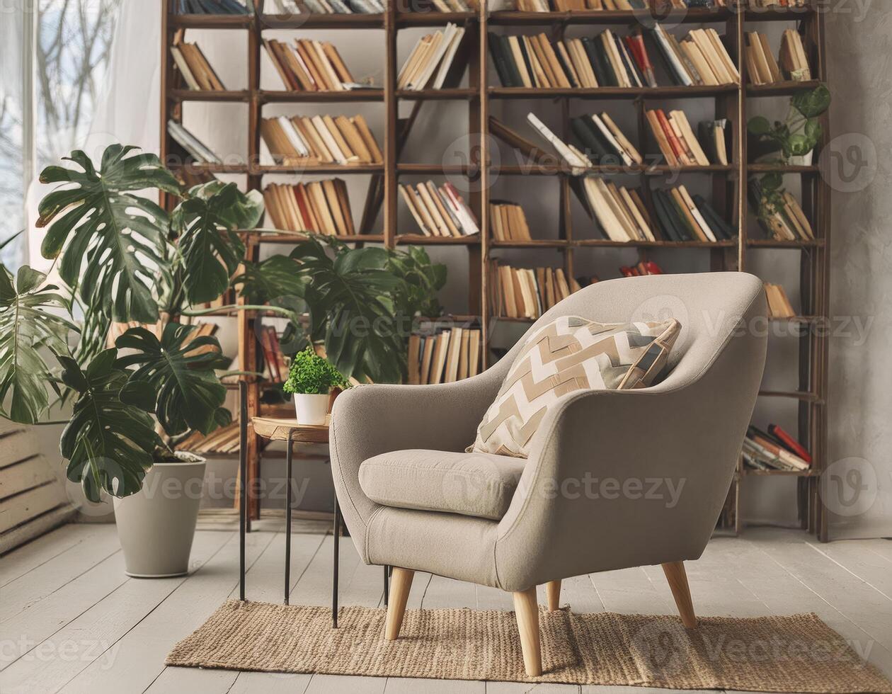 A cozy living room with a plush armchair and a bookshelf filled with books photo