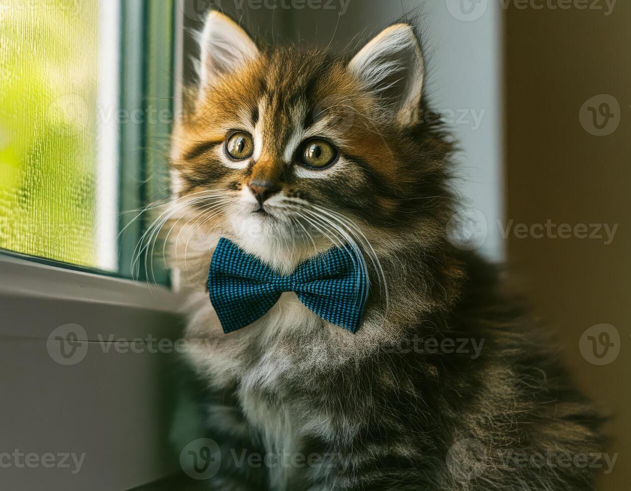 A dapper kitten with a blue bow tie looks out the window photo