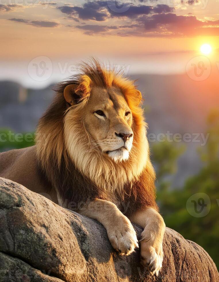 A regal lion rests on a rock at sunset photo