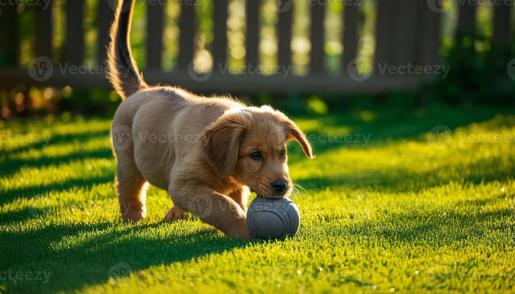 A golden puppy playing with a ball in the grass photo
