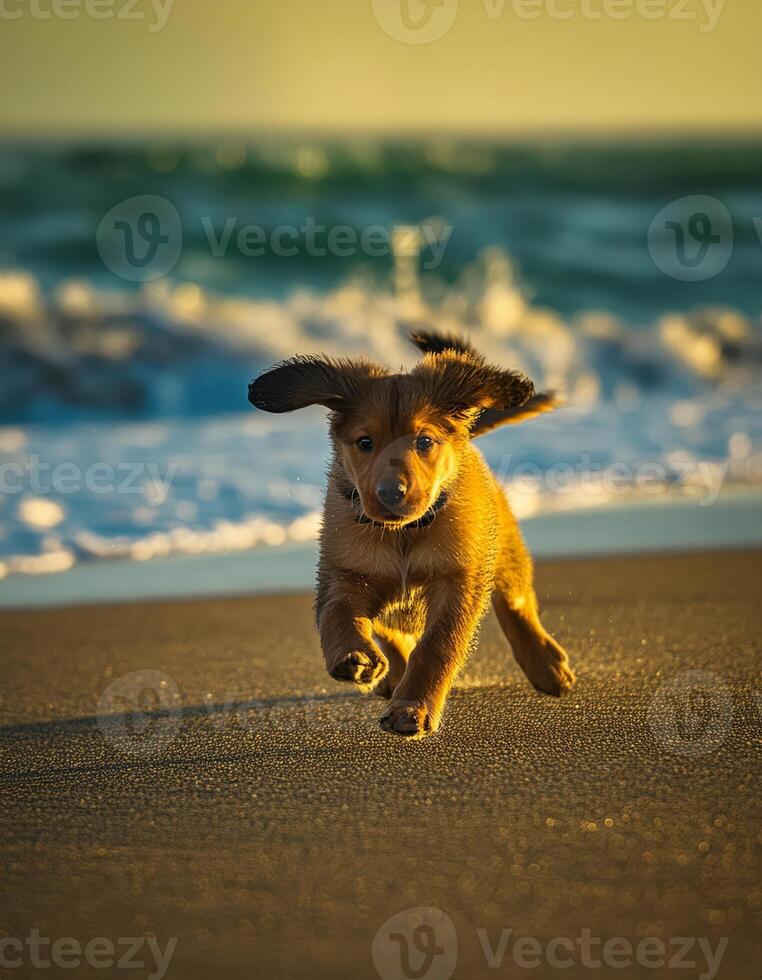 A brown puppy runs playfully on a sandy beach photo