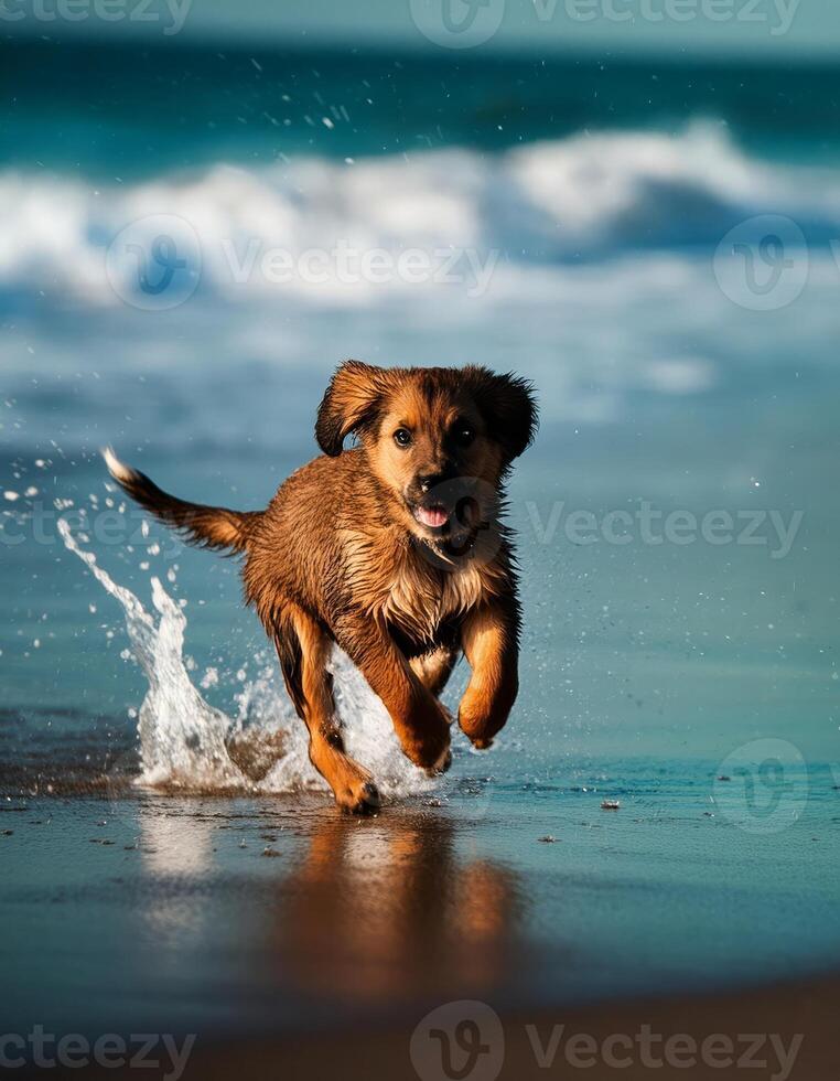 A brown puppy runs through the surf with a playful expression photo