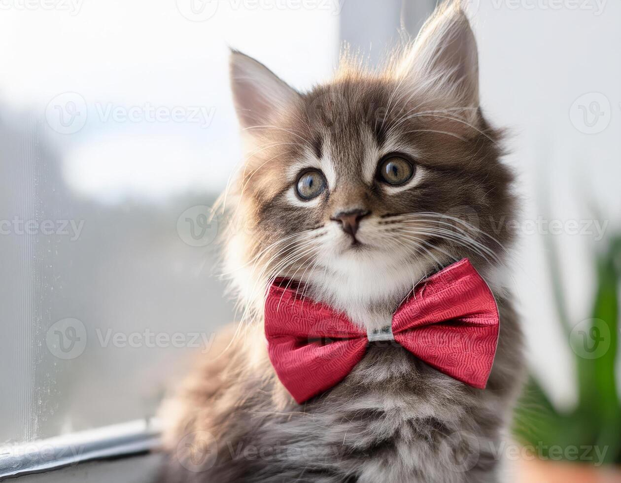 A fluffy kitten with a red bow tie looks thoughtfully into the distance photo