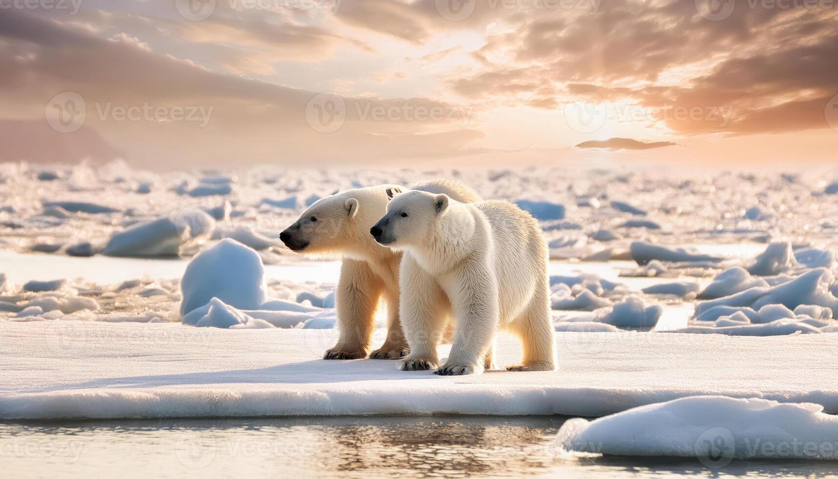 Two polar bears stand on a snowy ice floe as the sun sets in the distance photo