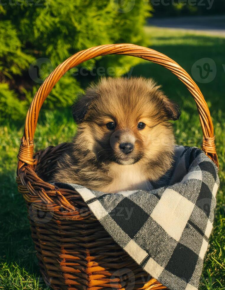 A fluffy puppy peeks out from a wicker basket photo