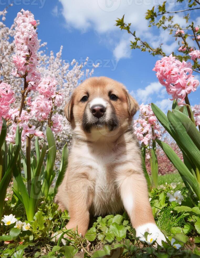 A puppy sits in a bed of pink flowers and looks up at the camera photo