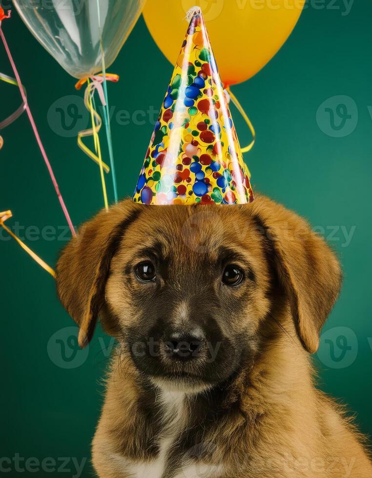 A puppy wearing a party hat looks curiously at the camera photo