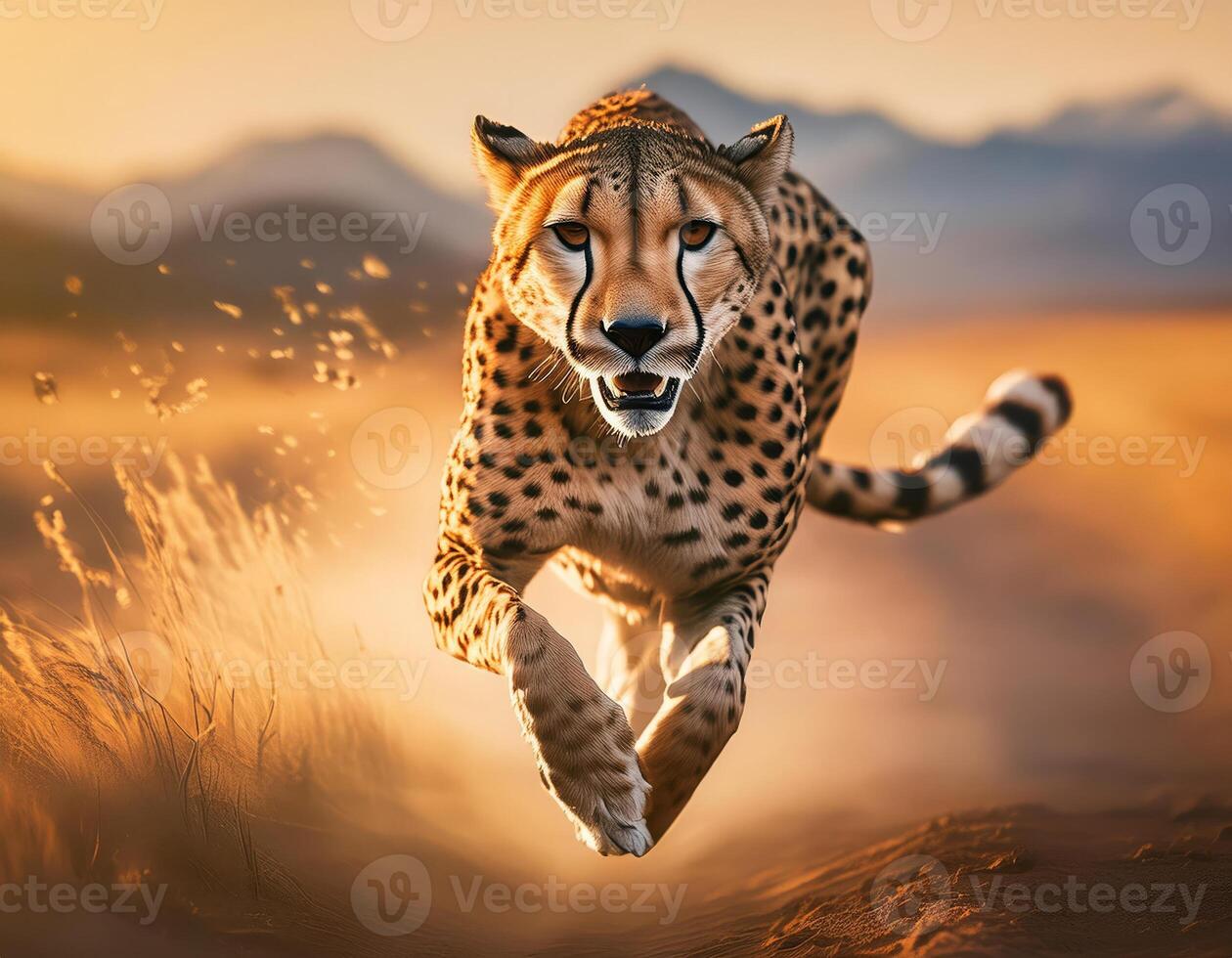 A cheetah sprints across the savanna at sunset photo