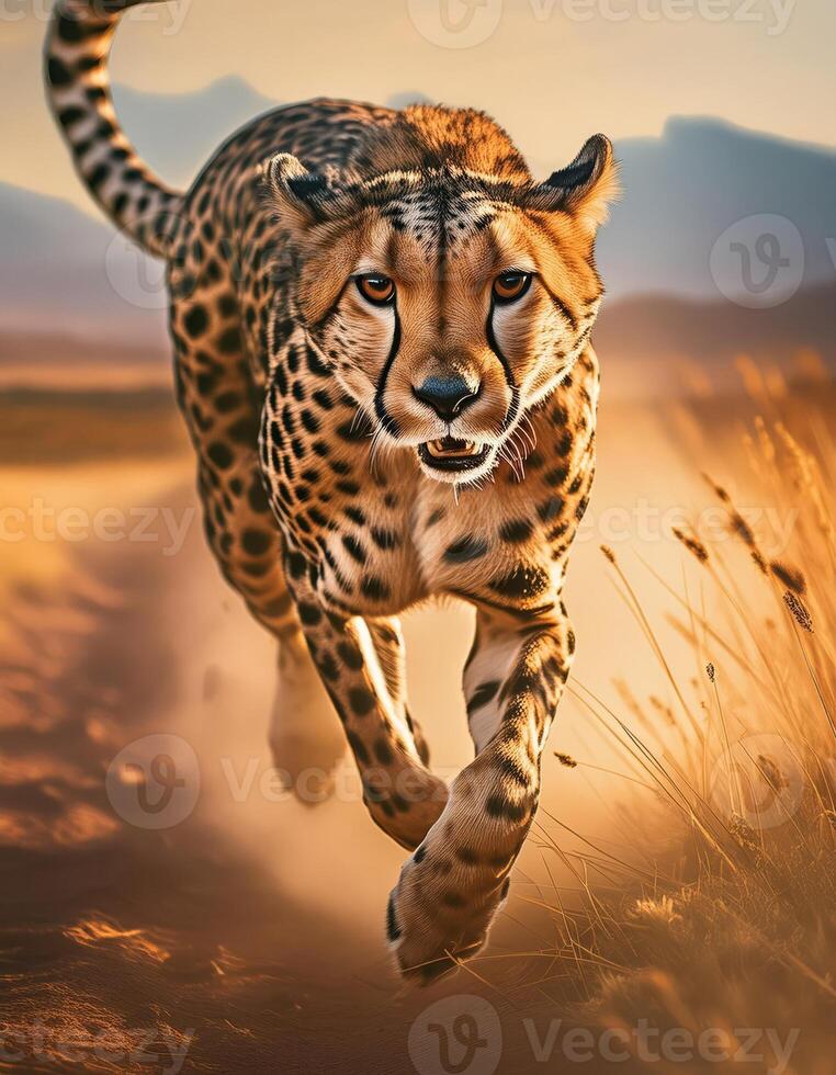 A cheetah races through the savanna at sunset photo