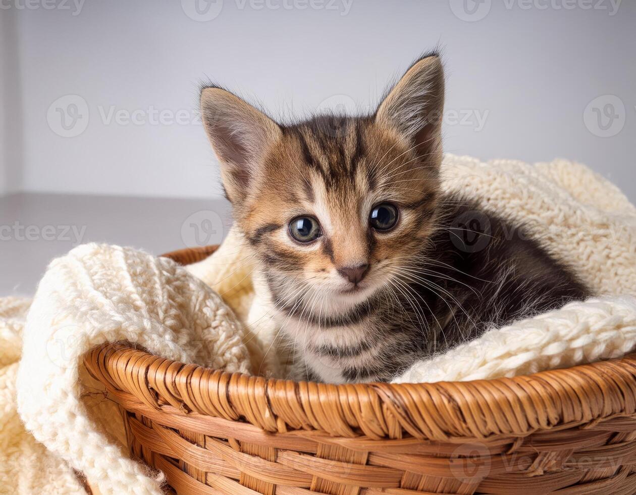 A curious kitten peering out from a wicker basket photo