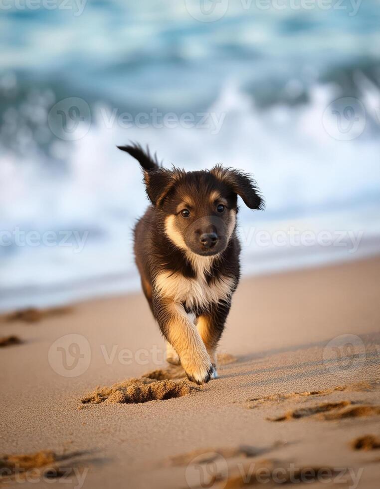 A playful puppy runs towards the camera on a sandy beach photo