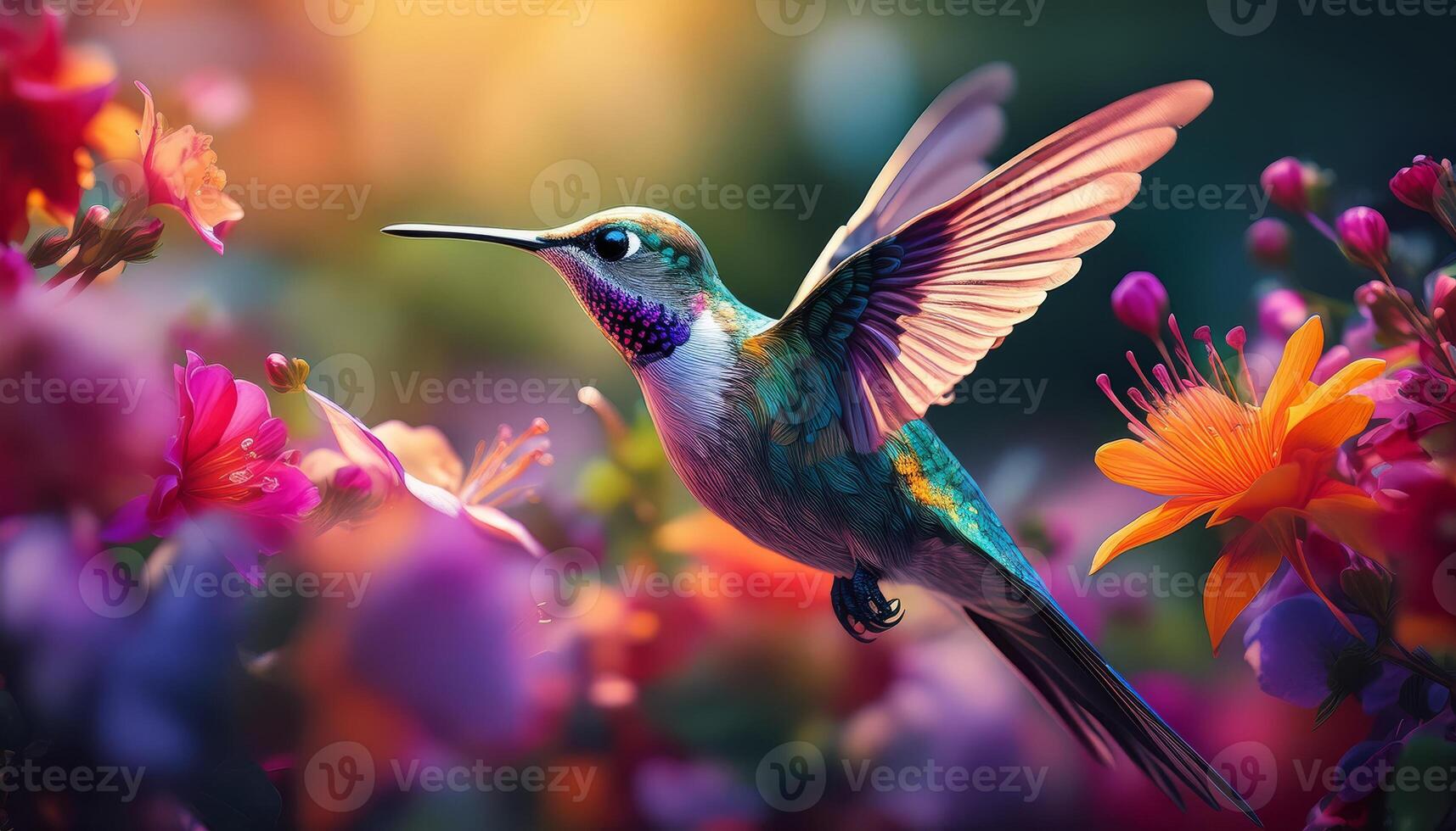 A hummingbird hovers mid flight in a colorful garden photo
