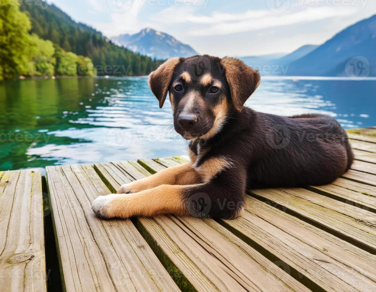 A young black and brown dog lies on a wooden dock overlooking a lake and mountains photo