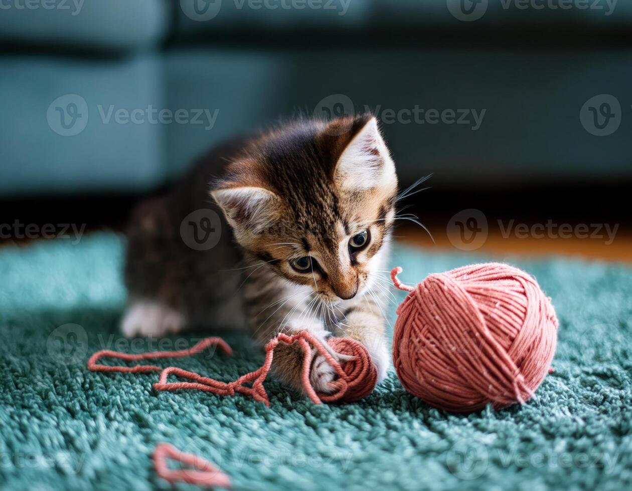A kitten playing with a ball of yarn on a green rug photo