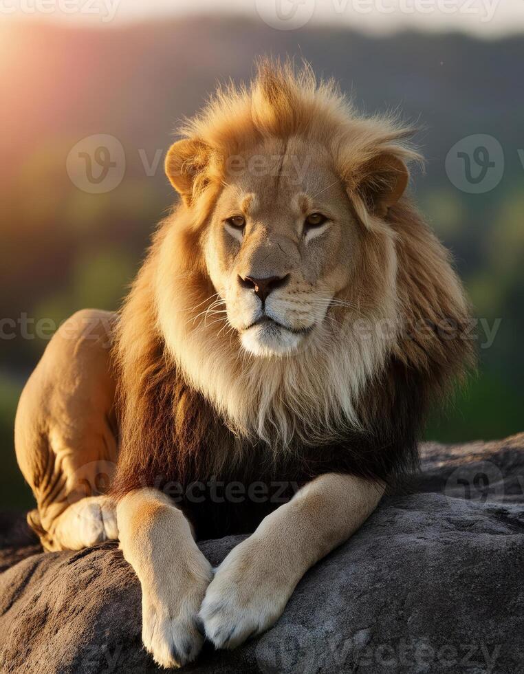 A majestic lion rests on a rock bathed in the golden light of the setting sun photo