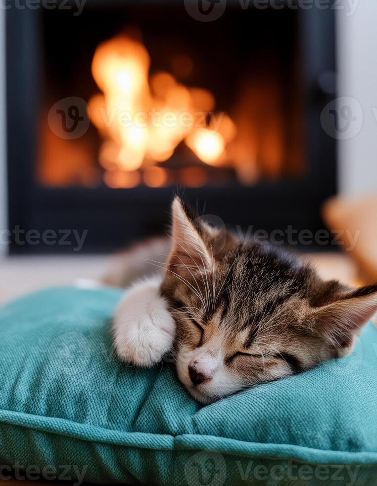 A kitten sleeps soundly on a blue cushion in front of a fireplace photo