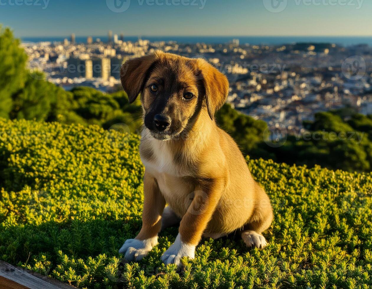 A puppy sits on a grassy hilltop gazing out at a city skyline in the distance photo