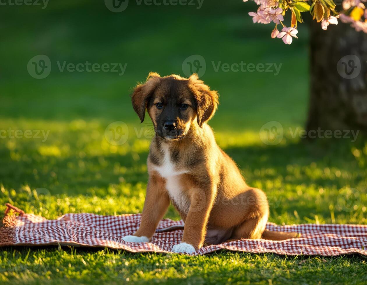 A cute puppy sits on a red and white checkered blanket in the grass photo