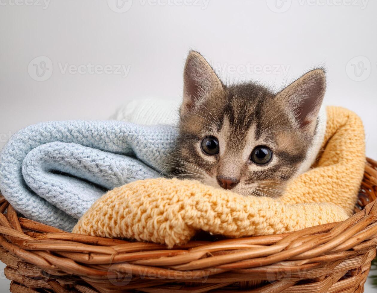 A kitten peeks out from a basket of blankets photo