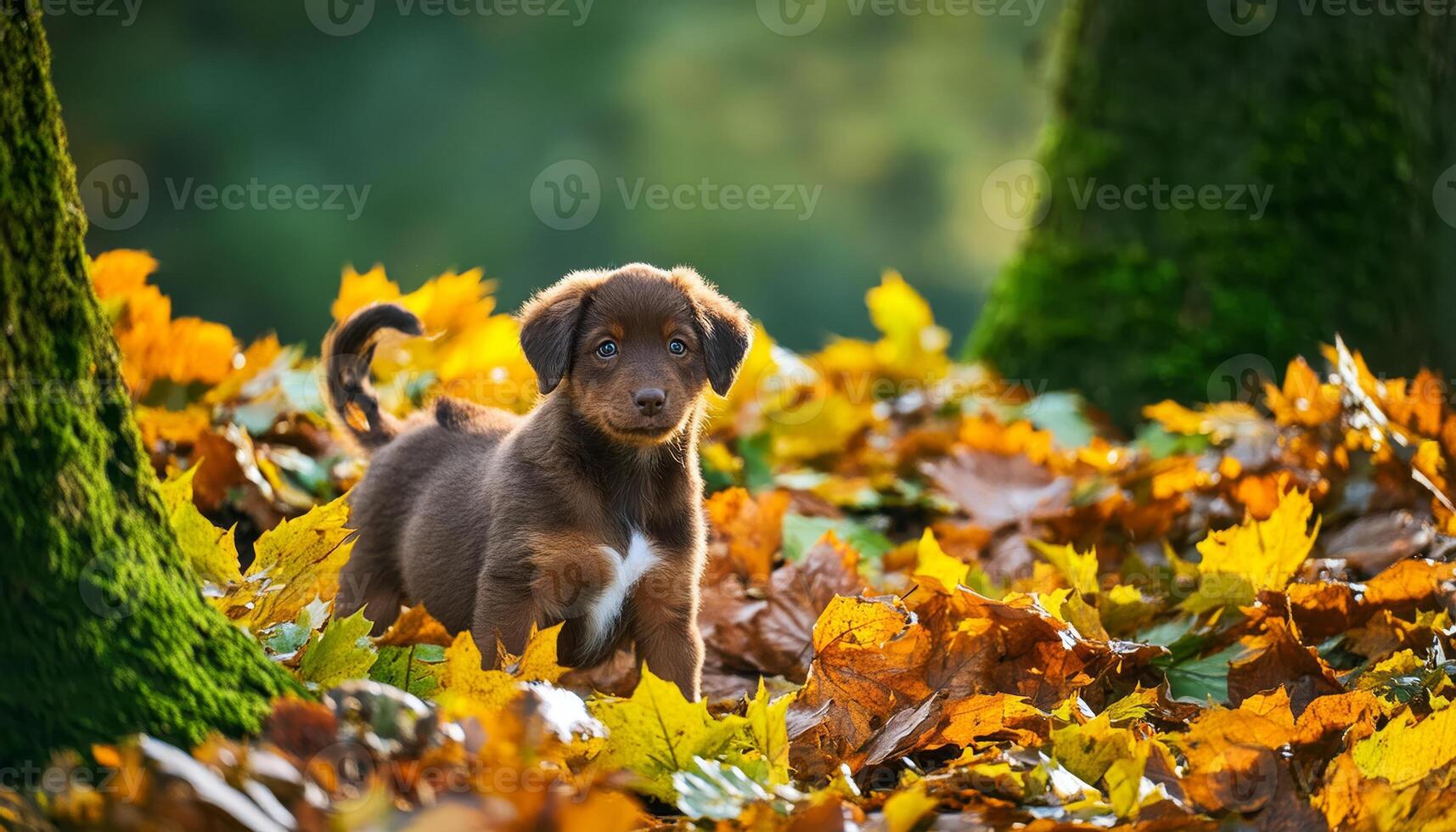 A brown puppy stands in a bed of autumn leaves photo
