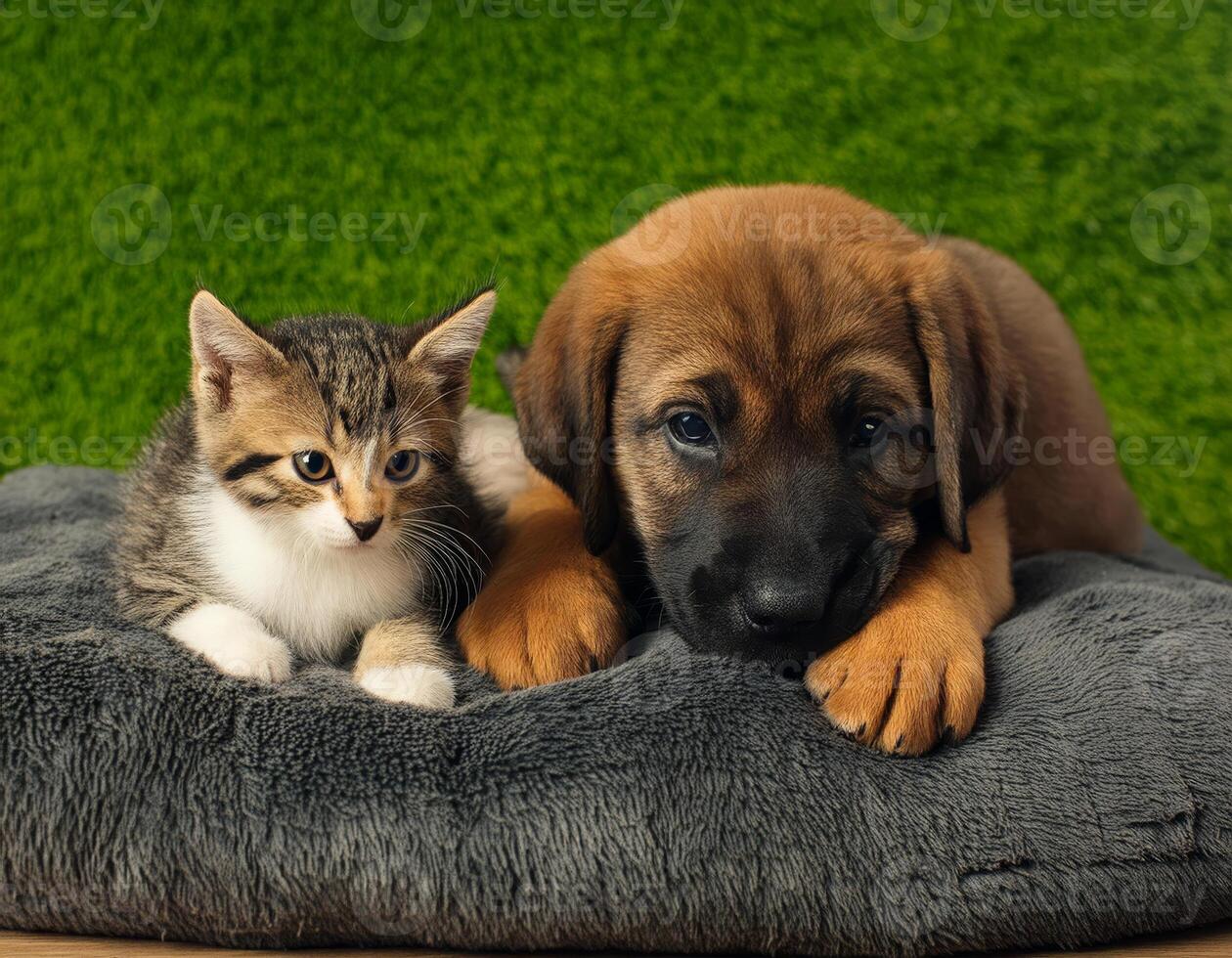 A puppy rests its head on a pillow next to a curious kitten photo