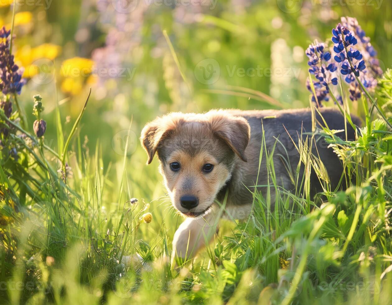 A cute puppy explores a field of wildflowers photo