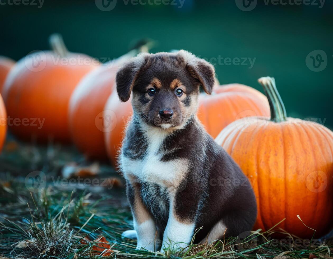 A puppy sits amongst pumpkins looking intently at the camera photo