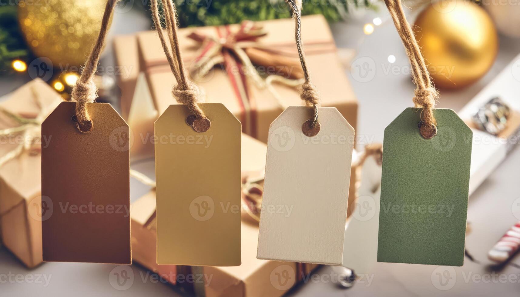 Four blank gift tags hang from twine above wrapped gifts photo
