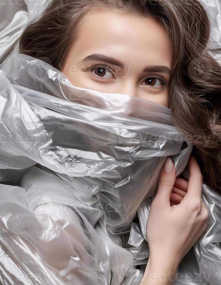 A woman s face peeks out from behind a plastic bag photo