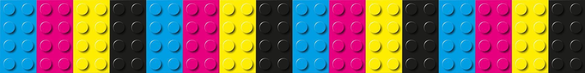 Many plastic building toy blocks banner in cmyk colors. Background of bricks in different colors. Close-up of a colorful bricks. Abstract background illustration vector