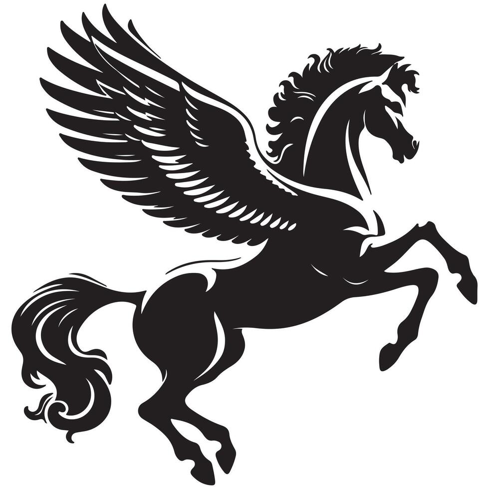 a black and white drawing of a horse with wings with white background. vector