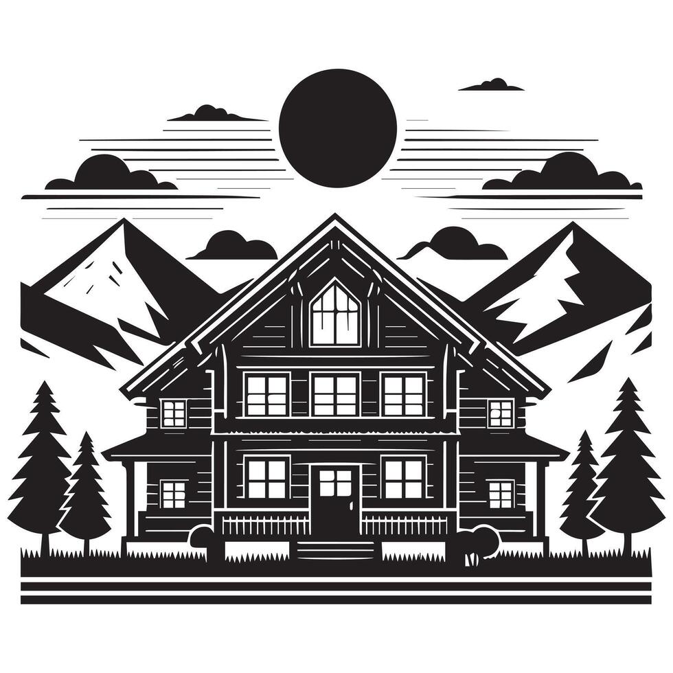a black and white picture of a house with the sun in the background with white background vector
