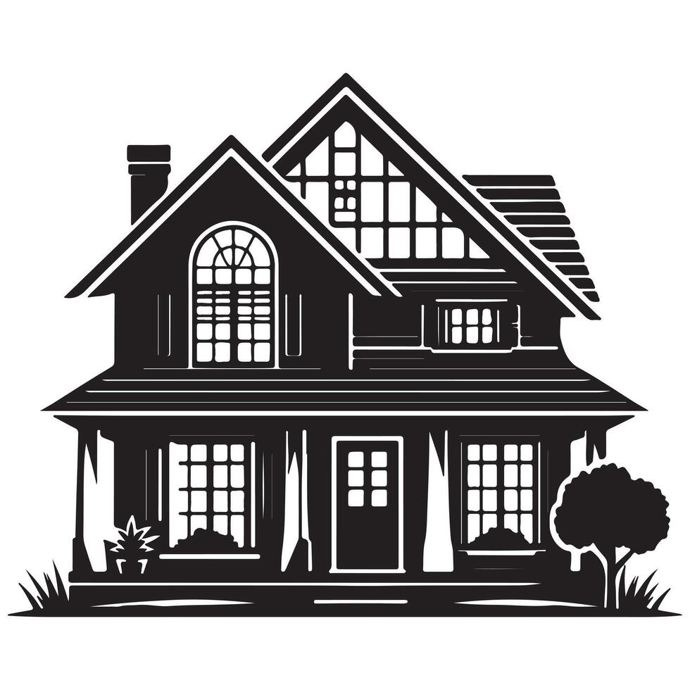 a black and white drawing of a house with a house in the background with white background vector