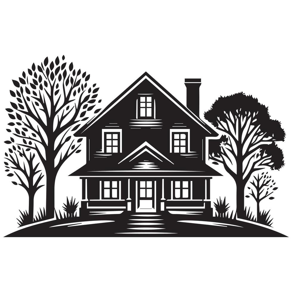 a black house with a house in the background with white background vector