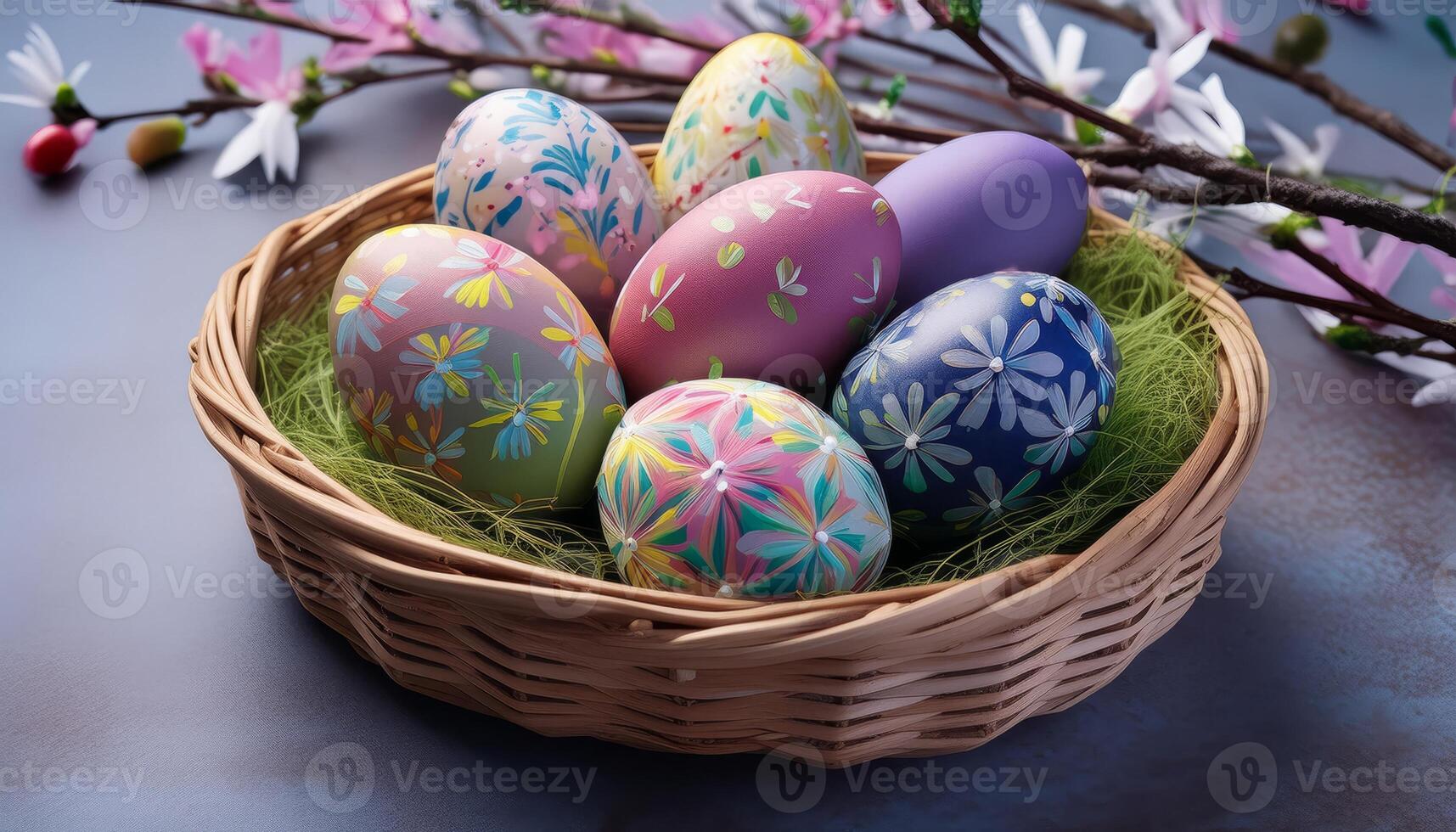 A basket of colorful hand painted Easter eggs photo