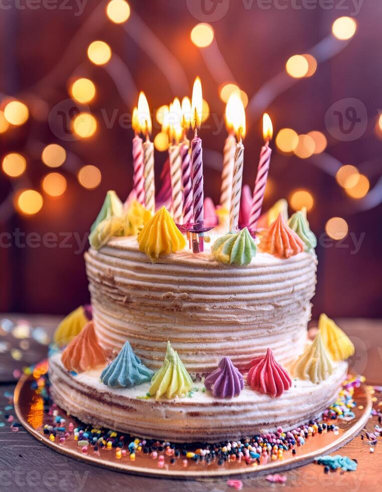 A colorful birthday cake with lit candles sits in front of a string of fairy lights photo