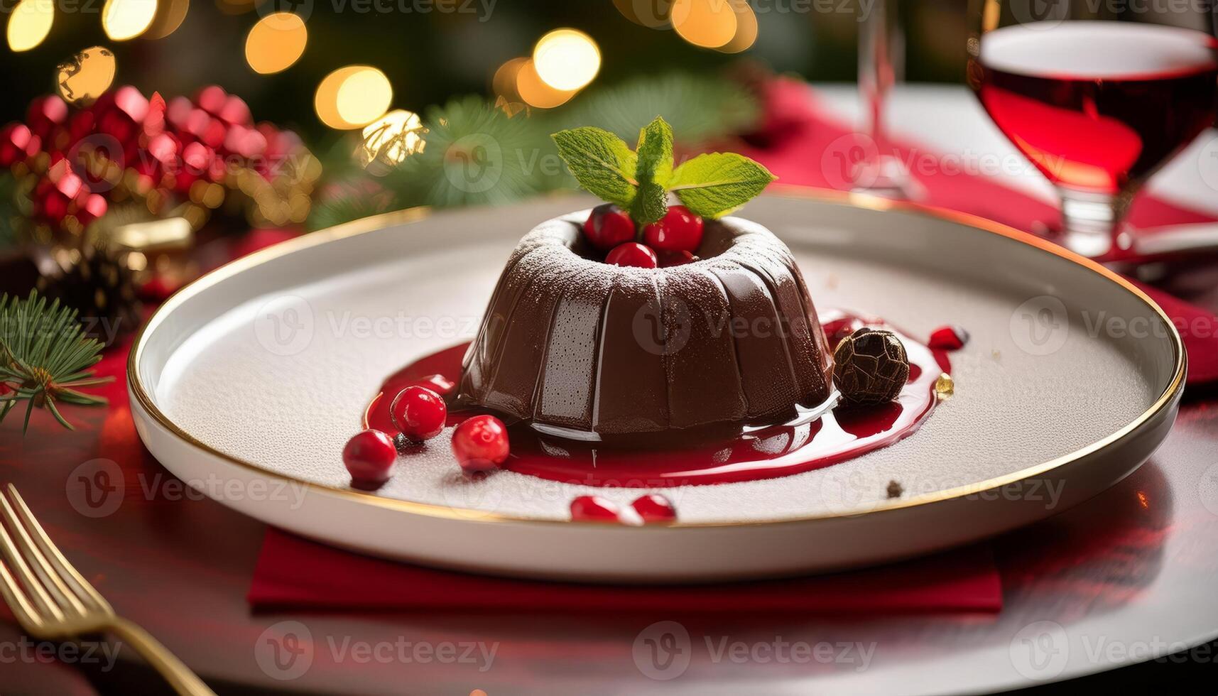 A decadent chocolate dessert with cranberries and a touch of powdered sugar photo