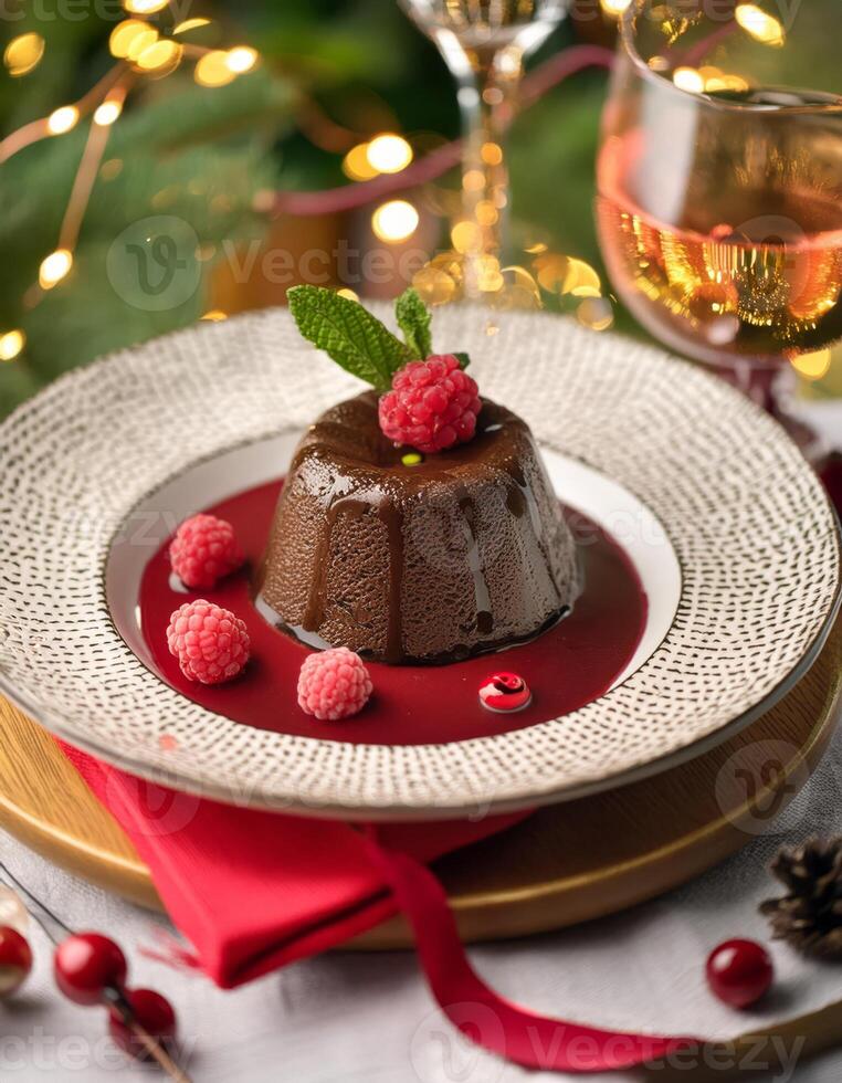 A chocolate dessert with raspberry sauce and a sprig of mint photo