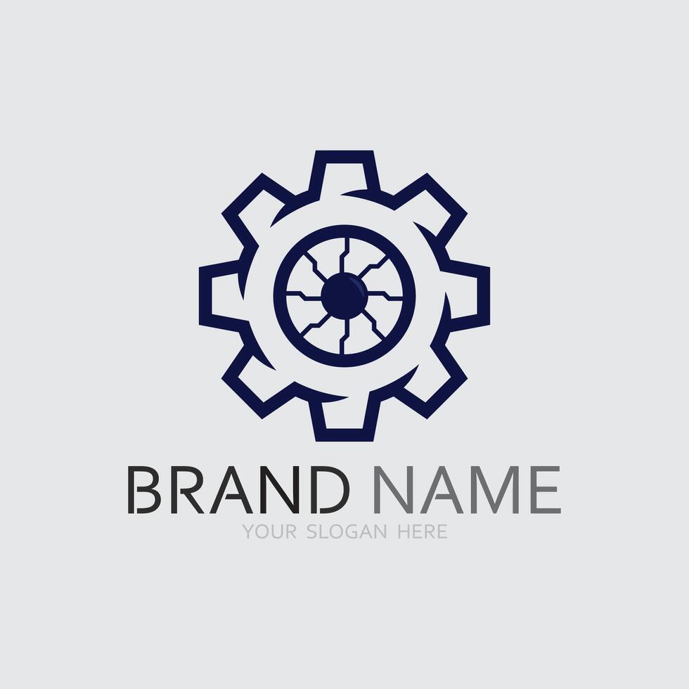 Gear logo technology Digital tech business logo template concept illustration. Gear electronic factory sign. Cog wheel technology symbol SEO emblem Design element vector