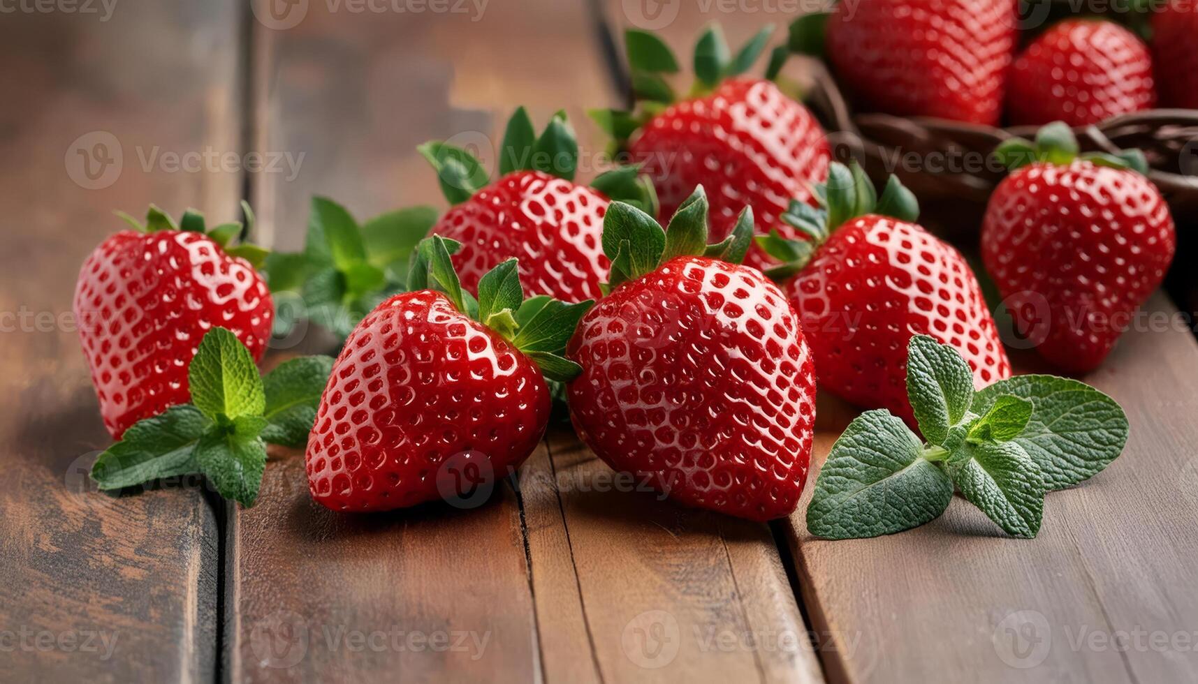 A cluster of ripe strawberries and fresh mint leaves on a wooden surface photo