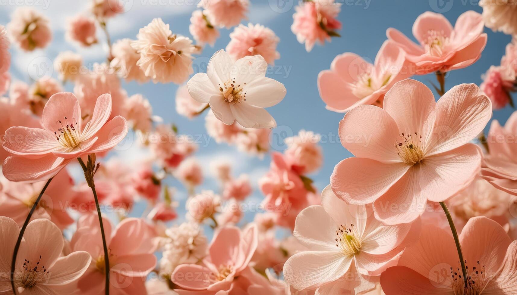 A delicate sea of soft pink blossoms against a clear blue sky photo
