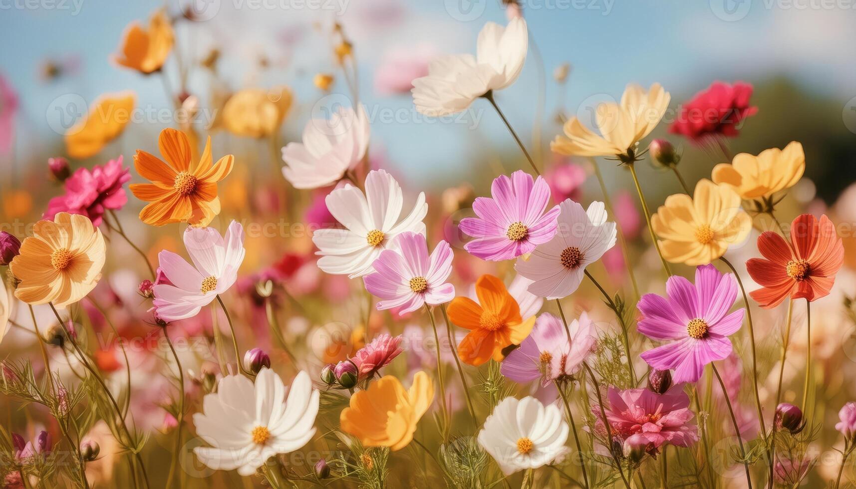 A field of colorful cosmos flowers swaying in the gentle breeze photo