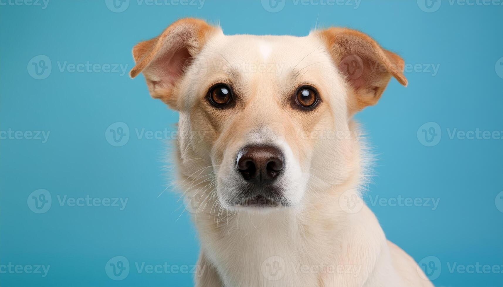 A light colored dog stares intently at the camera photo