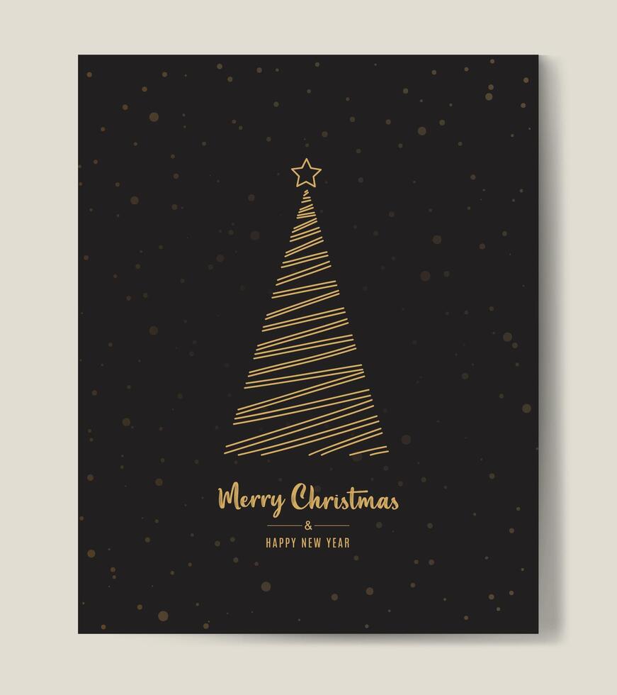 Merry Christmas tree outline greeting text card golden illustration design background. Greeting card. Xmas tree. vector