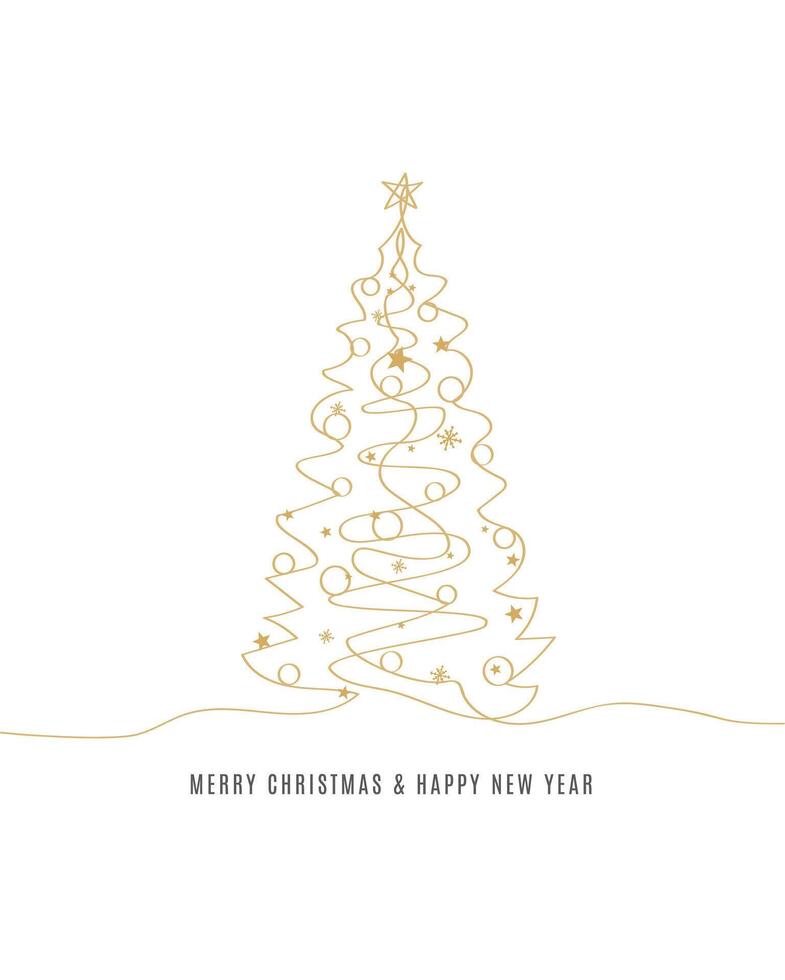 Merry Christmas tree outline greeting text card golden isolated illustration design background. Greeting card. Xmas tree. vector