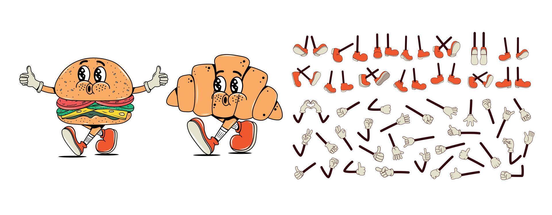 Set and collection of arms and legs in different poses for characters in groove style. Fast food walking, smiling with arms and legs. Y2k aesthetic elements. Facial expression. Burger and Croissant. vector