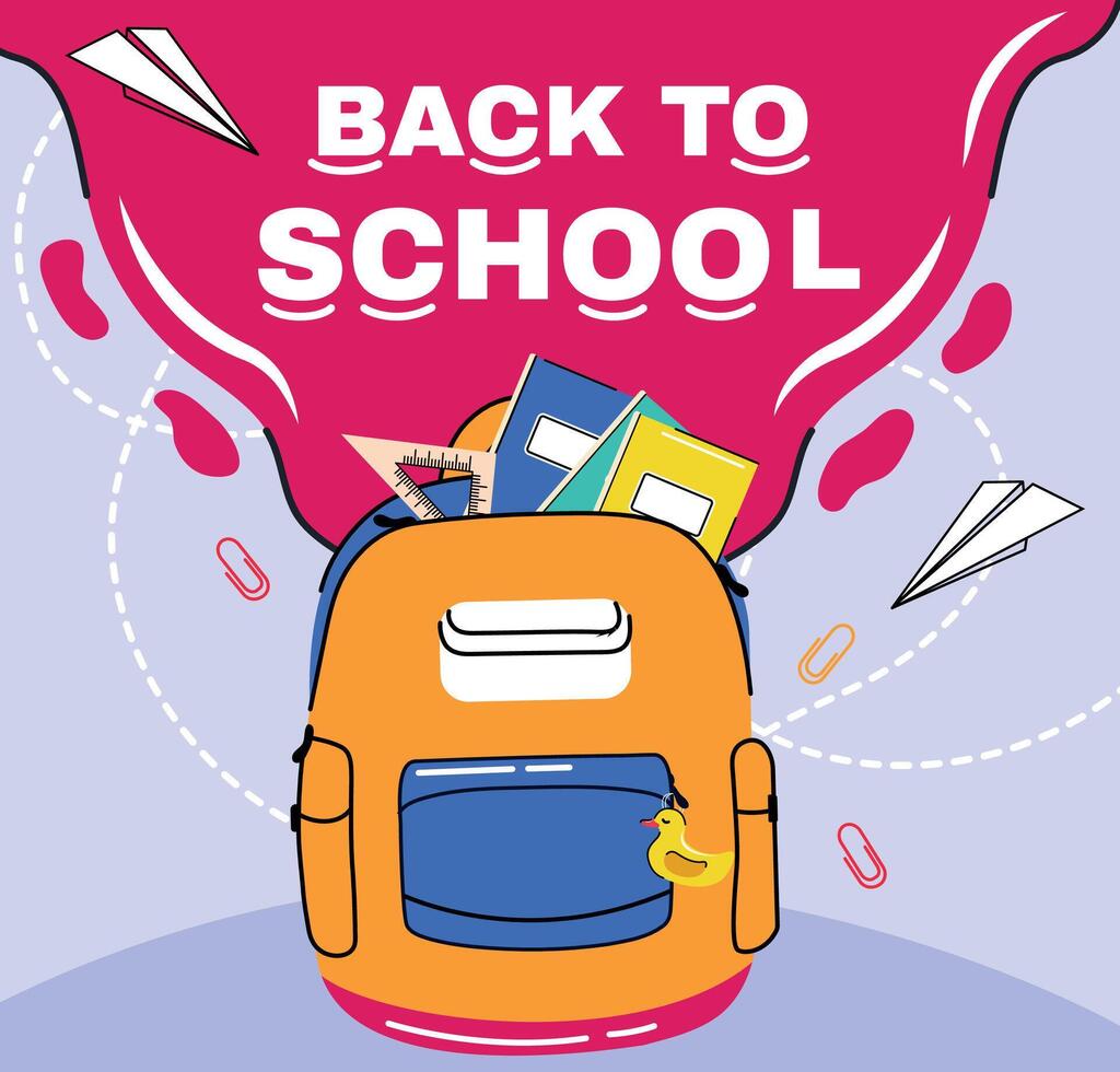School supply. Education and knowledge. Banner and template. Back to school. Backpack in flat trendy style. Invitation. Design for poster, flyer, web. Illustration. Isolated vector